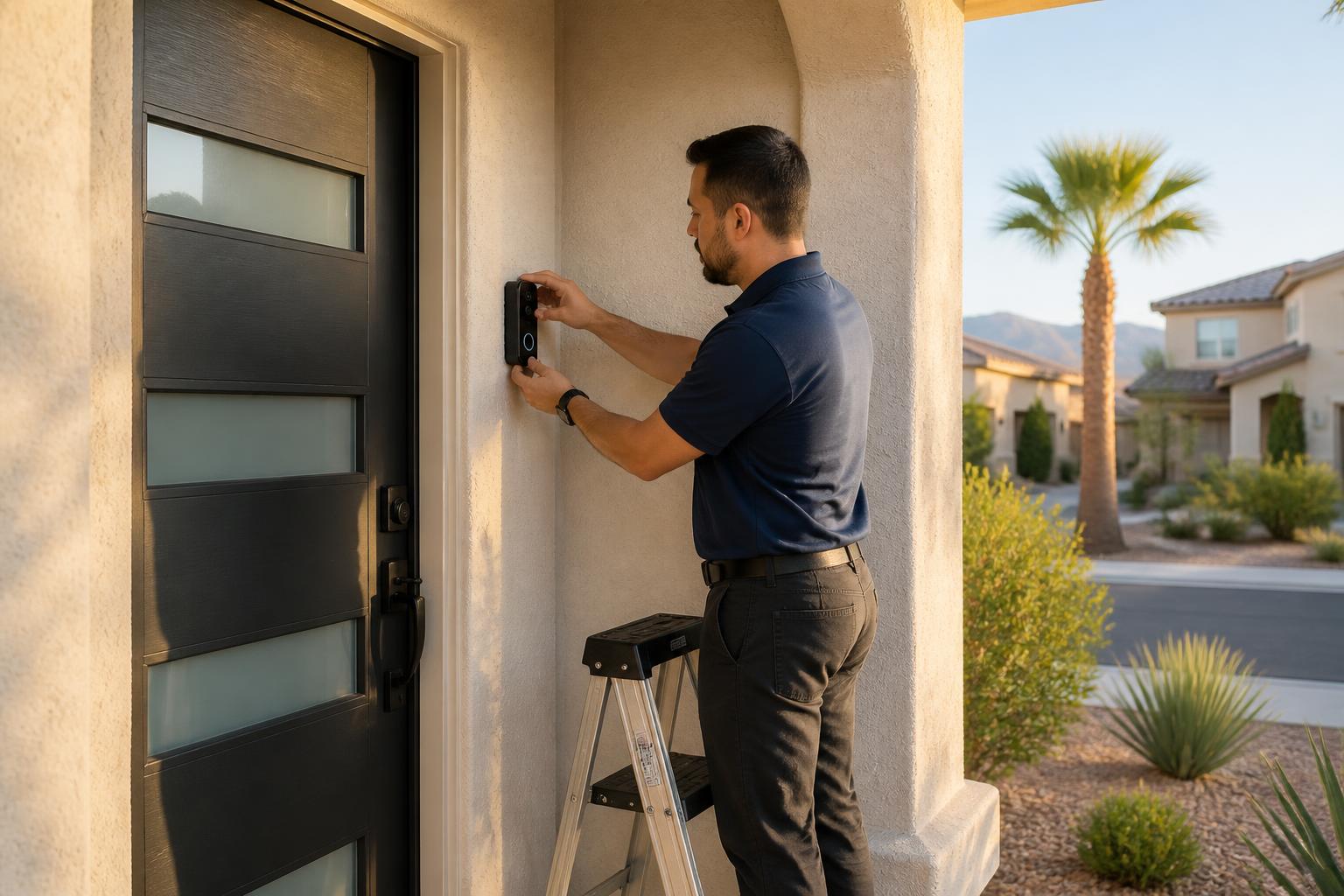 Technician installing a video doorbell camera next to a front door in Las Vegas